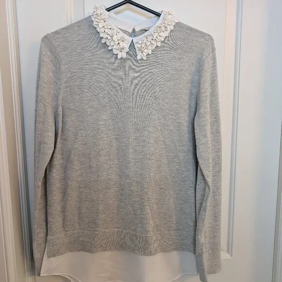 Ted Baker Nansea Gray Embellished Flower Collar Layered Sweater, Like New - Picture 1 of 4